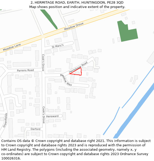 2, HERMITAGE ROAD, EARITH, HUNTINGDON, PE28 3QD: Location map and indicative extent of plot