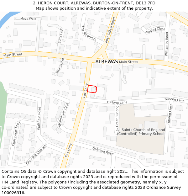 2, HERON COURT, ALREWAS, BURTON-ON-TRENT, DE13 7FD: Location map and indicative extent of plot
