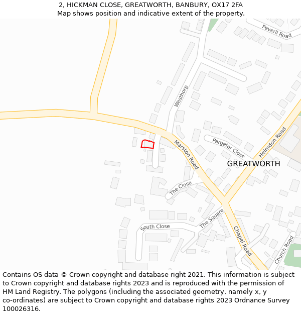 2, HICKMAN CLOSE, GREATWORTH, BANBURY, OX17 2FA: Location map and indicative extent of plot