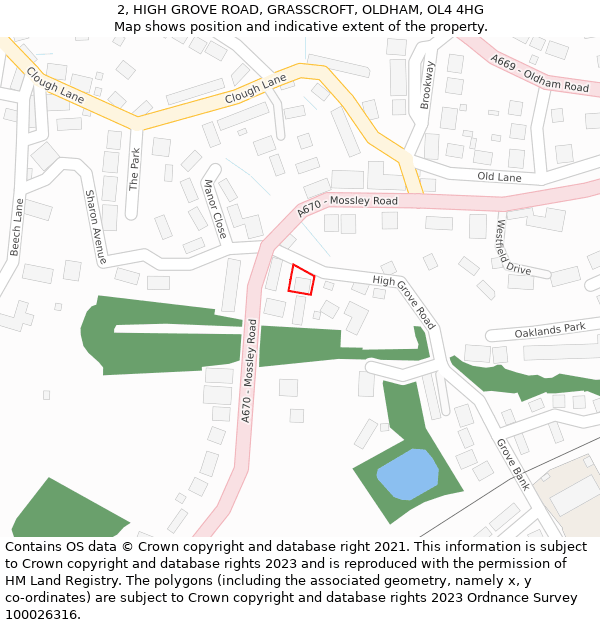 2, HIGH GROVE ROAD, GRASSCROFT, OLDHAM, OL4 4HG: Location map and indicative extent of plot
