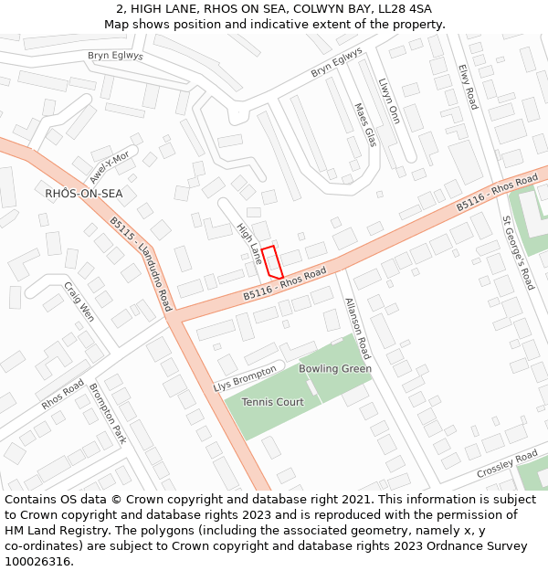 2, HIGH LANE, RHOS ON SEA, COLWYN BAY, LL28 4SA: Location map and indicative extent of plot