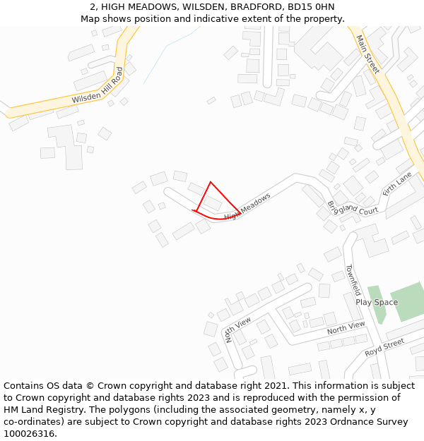 2, HIGH MEADOWS, WILSDEN, BRADFORD, BD15 0HN: Location map and indicative extent of plot