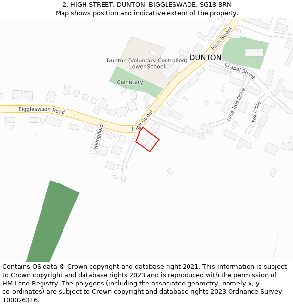 2, HIGH STREET, DUNTON, BIGGLESWADE, SG18 8RN: Location map and indicative extent of plot