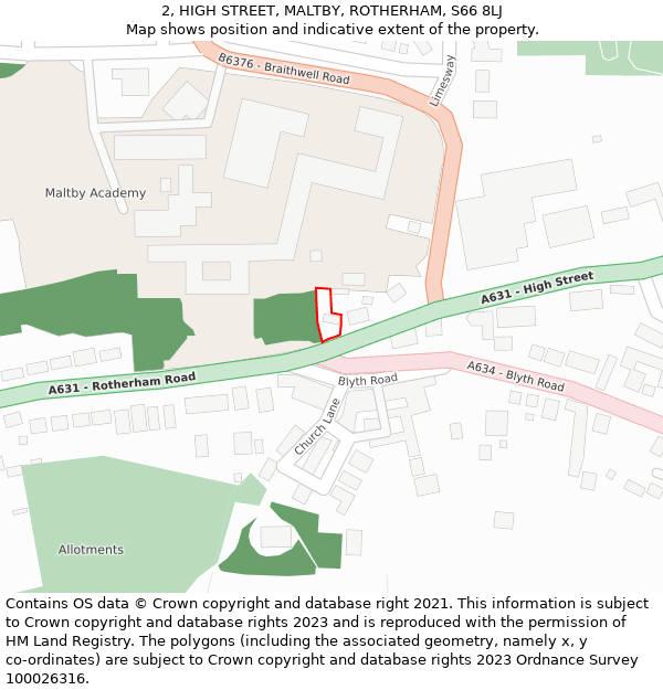 2, HIGH STREET, MALTBY, ROTHERHAM, S66 8LJ: Location map and indicative extent of plot