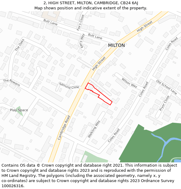 2, HIGH STREET, MILTON, CAMBRIDGE, CB24 6AJ: Location map and indicative extent of plot