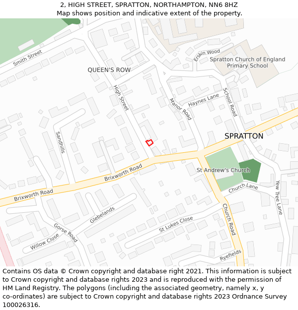 2, HIGH STREET, SPRATTON, NORTHAMPTON, NN6 8HZ: Location map and indicative extent of plot