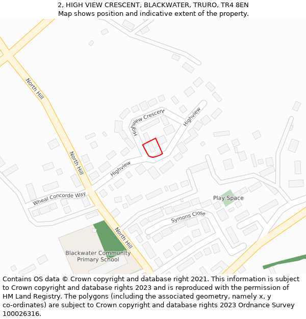 2, HIGH VIEW CRESCENT, BLACKWATER, TRURO, TR4 8EN: Location map and indicative extent of plot