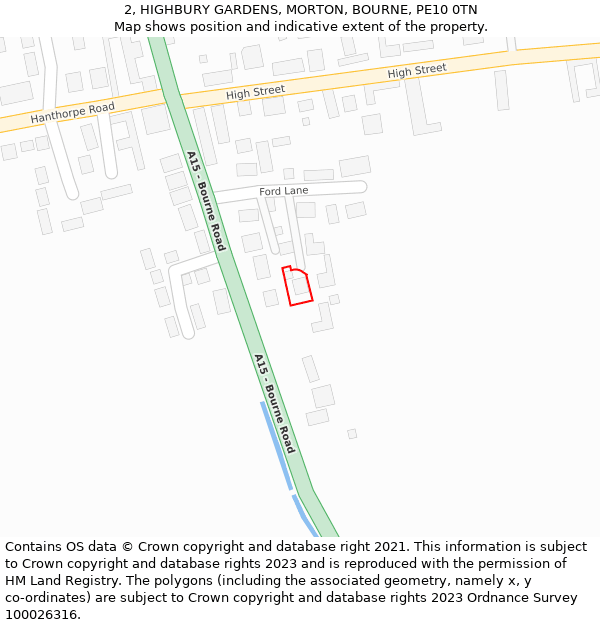 2, HIGHBURY GARDENS, MORTON, BOURNE, PE10 0TN: Location map and indicative extent of plot