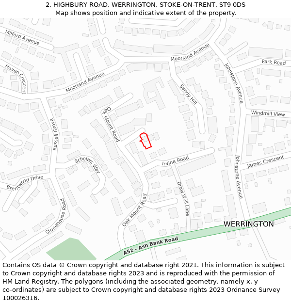 2, HIGHBURY ROAD, WERRINGTON, STOKE-ON-TRENT, ST9 0DS: Location map and indicative extent of plot