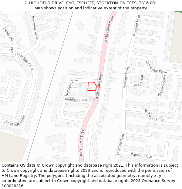 2, HIGHFIELD DRIVE, EAGLESCLIFFE, STOCKTON-ON-TEES, TS16 0DL: Location map and indicative extent of plot