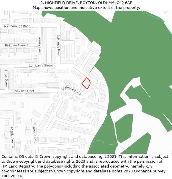 2, HIGHFIELD DRIVE, ROYTON, OLDHAM, OL2 6AF: Location map and indicative extent of plot