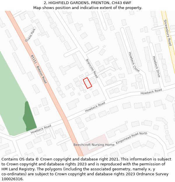 2, HIGHFIELD GARDENS, PRENTON, CH43 6WF: Location map and indicative extent of plot