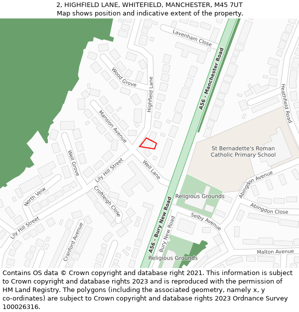 2, HIGHFIELD LANE, WHITEFIELD, MANCHESTER, M45 7UT: Location map and indicative extent of plot