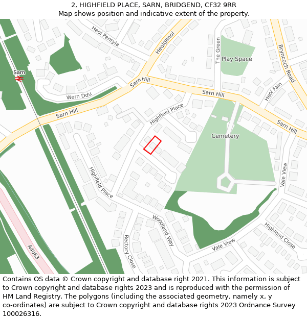 2, HIGHFIELD PLACE, SARN, BRIDGEND, CF32 9RR: Location map and indicative extent of plot