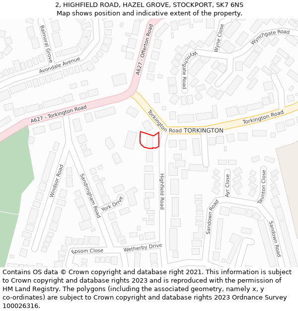 2, HIGHFIELD ROAD, HAZEL GROVE, STOCKPORT, SK7 6NS: Location map and indicative extent of plot