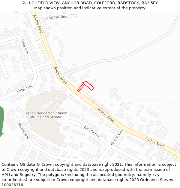 2, HIGHFIELD VIEW, ANCHOR ROAD, COLEFORD, RADSTOCK, BA3 5PY: Location map and indicative extent of plot