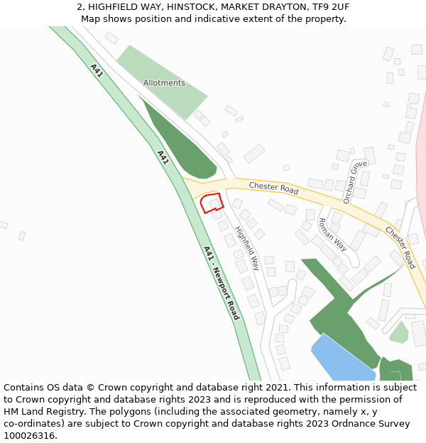 2, HIGHFIELD WAY, HINSTOCK, MARKET DRAYTON, TF9 2UF: Location map and indicative extent of plot