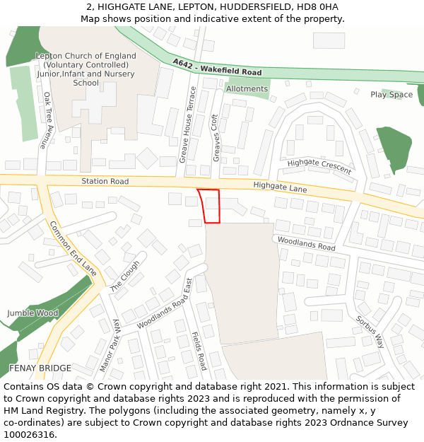 2, HIGHGATE LANE, LEPTON, HUDDERSFIELD, HD8 0HA: Location map and indicative extent of plot