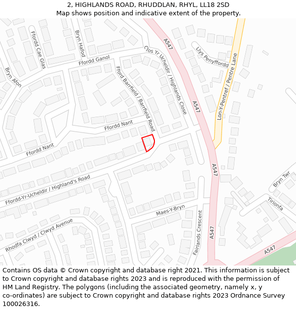 2, HIGHLANDS ROAD, RHUDDLAN, RHYL, LL18 2SD: Location map and indicative extent of plot