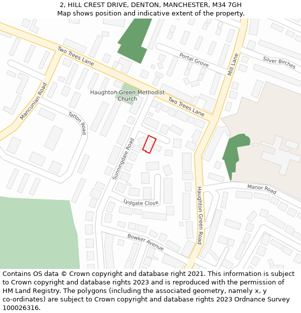 2, HILL CREST DRIVE, DENTON, MANCHESTER, M34 7GH: Location map and indicative extent of plot