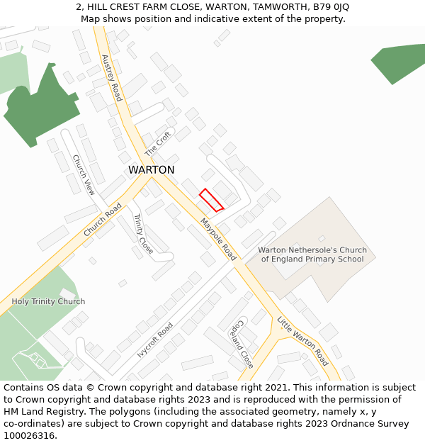 2, HILL CREST FARM CLOSE, WARTON, TAMWORTH, B79 0JQ: Location map and indicative extent of plot