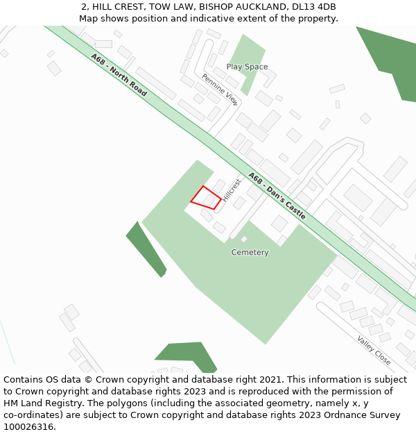 2, HILL CREST, TOW LAW, BISHOP AUCKLAND, DL13 4DB: Location map and indicative extent of plot