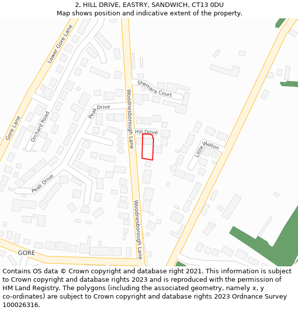 2, HILL DRIVE, EASTRY, SANDWICH, CT13 0DU: Location map and indicative extent of plot