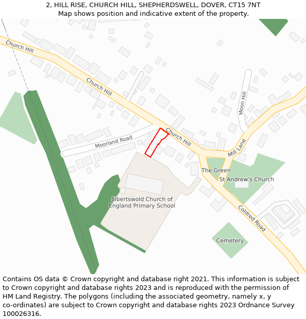 2, HILL RISE, CHURCH HILL, SHEPHERDSWELL, DOVER, CT15 7NT: Location map and indicative extent of plot