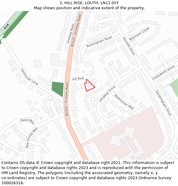 2, HILL RISE, LOUTH, LN11 0YY: Location map and indicative extent of plot