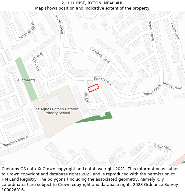 2, HILL RISE, RYTON, NE40 4UL: Location map and indicative extent of plot