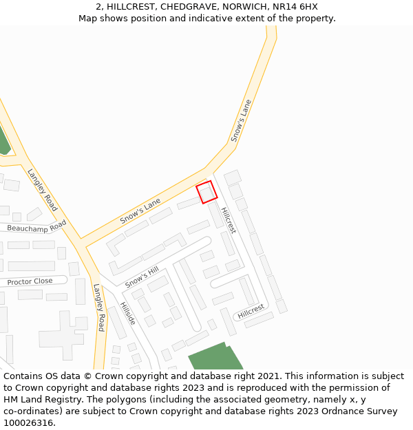 2, HILLCREST, CHEDGRAVE, NORWICH, NR14 6HX: Location map and indicative extent of plot