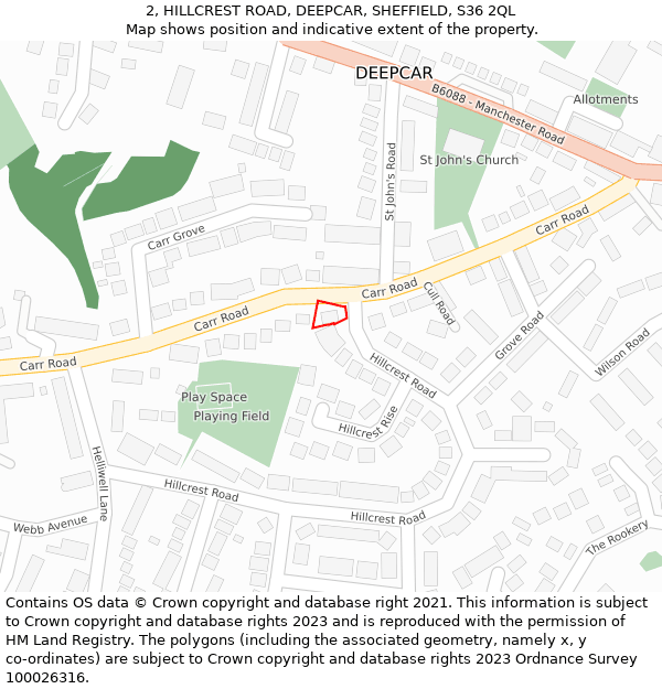 2, HILLCREST ROAD, DEEPCAR, SHEFFIELD, S36 2QL: Location map and indicative extent of plot