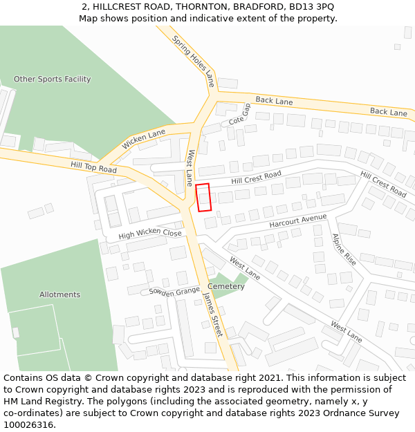 2, HILLCREST ROAD, THORNTON, BRADFORD, BD13 3PQ: Location map and indicative extent of plot