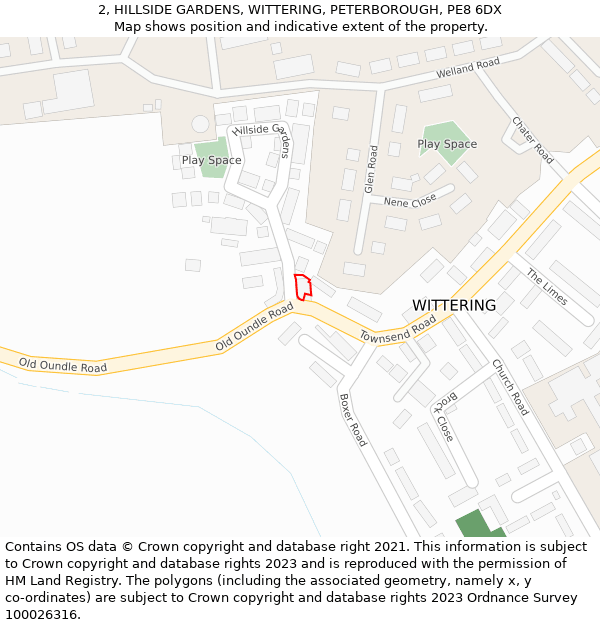 2, HILLSIDE GARDENS, WITTERING, PETERBOROUGH, PE8 6DX: Location map and indicative extent of plot