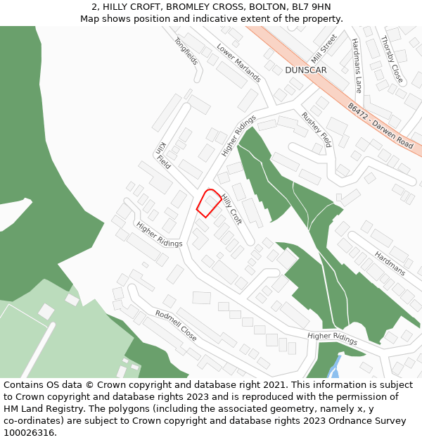 2, HILLY CROFT, BROMLEY CROSS, BOLTON, BL7 9HN: Location map and indicative extent of plot