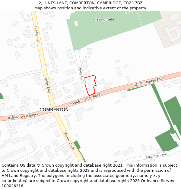 2, HINES LANE, COMBERTON, CAMBRIDGE, CB23 7BZ: Location map and indicative extent of plot
