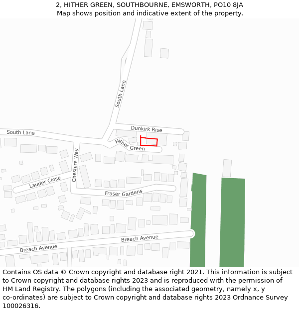 2, HITHER GREEN, SOUTHBOURNE, EMSWORTH, PO10 8JA: Location map and indicative extent of plot