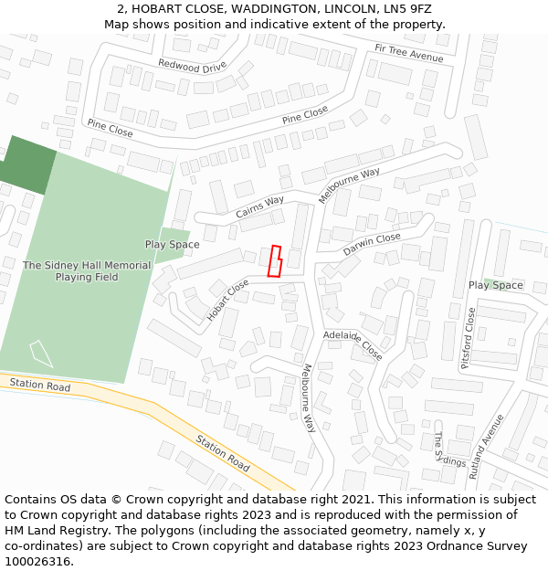 2, HOBART CLOSE, WADDINGTON, LINCOLN, LN5 9FZ: Location map and indicative extent of plot