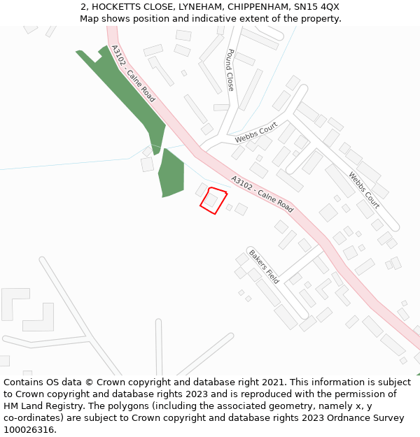 2, HOCKETTS CLOSE, LYNEHAM, CHIPPENHAM, SN15 4QX: Location map and indicative extent of plot