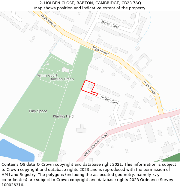 2, HOLBEN CLOSE, BARTON, CAMBRIDGE, CB23 7AQ: Location map and indicative extent of plot
