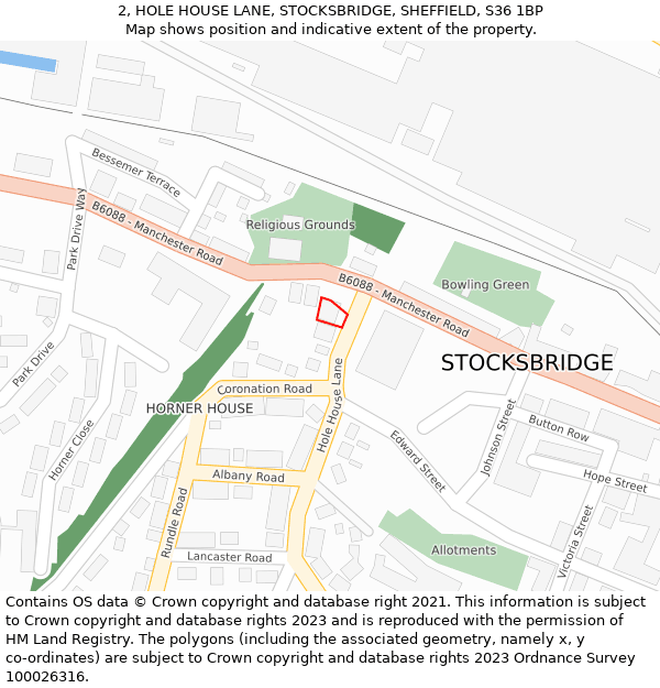 2, HOLE HOUSE LANE, STOCKSBRIDGE, SHEFFIELD, S36 1BP: Location map and indicative extent of plot