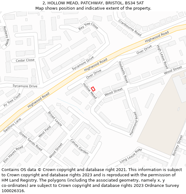 2, HOLLOW MEAD, PATCHWAY, BRISTOL, BS34 5AT: Location map and indicative extent of plot