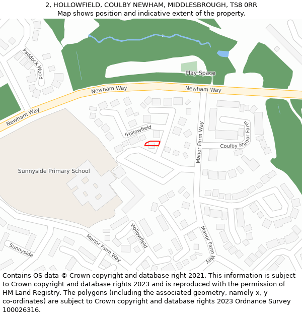 2, HOLLOWFIELD, COULBY NEWHAM, MIDDLESBROUGH, TS8 0RR: Location map and indicative extent of plot