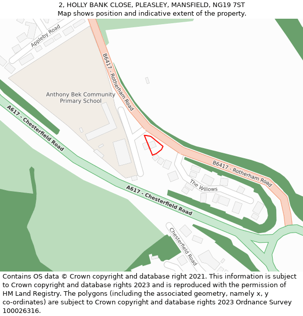 2, HOLLY BANK CLOSE, PLEASLEY, MANSFIELD, NG19 7ST: Location map and indicative extent of plot