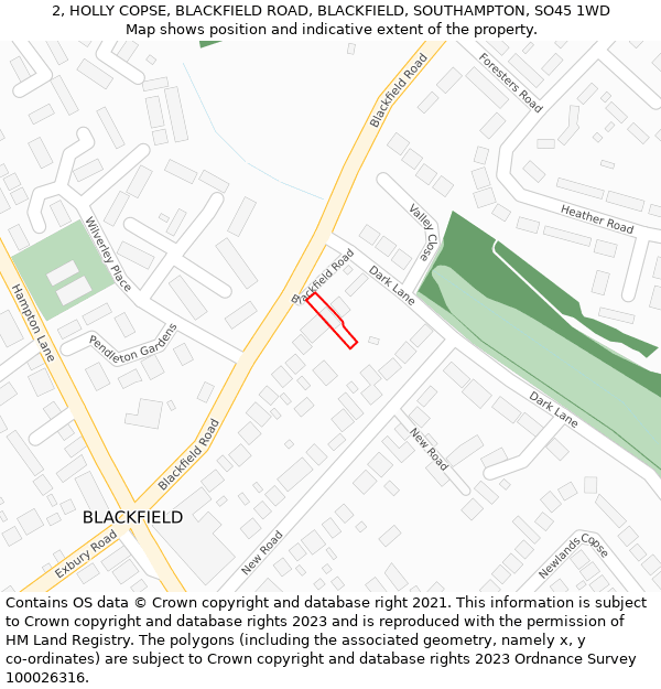 2, HOLLY COPSE, BLACKFIELD ROAD, BLACKFIELD, SOUTHAMPTON, SO45 1WD: Location map and indicative extent of plot