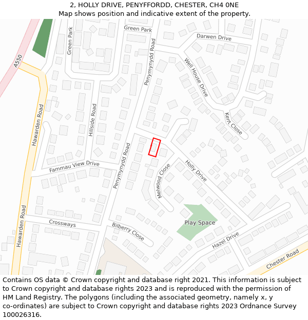 2, HOLLY DRIVE, PENYFFORDD, CHESTER, CH4 0NE: Location map and indicative extent of plot