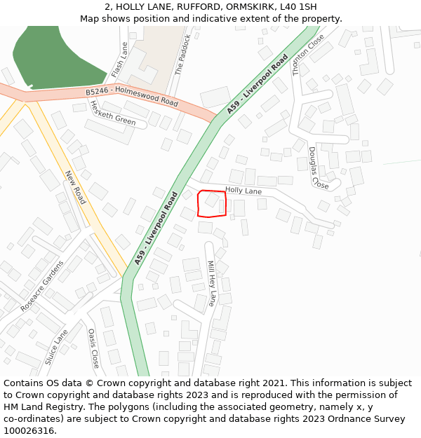 2, HOLLY LANE, RUFFORD, ORMSKIRK, L40 1SH: Location map and indicative extent of plot