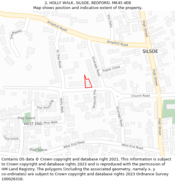 2, HOLLY WALK, SILSOE, BEDFORD, MK45 4EB: Location map and indicative extent of plot