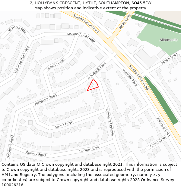 2, HOLLYBANK CRESCENT, HYTHE, SOUTHAMPTON, SO45 5FW: Location map and indicative extent of plot