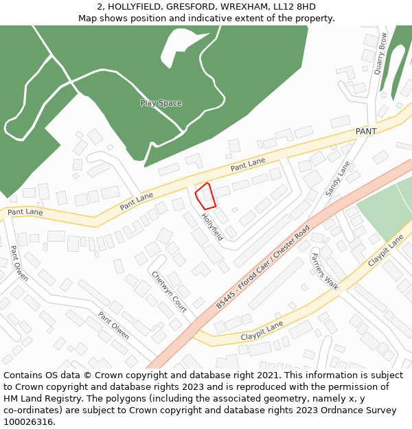 2, HOLLYFIELD, GRESFORD, WREXHAM, LL12 8HD: Location map and indicative extent of plot